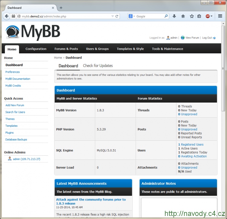 Ukázka administrace MyBB