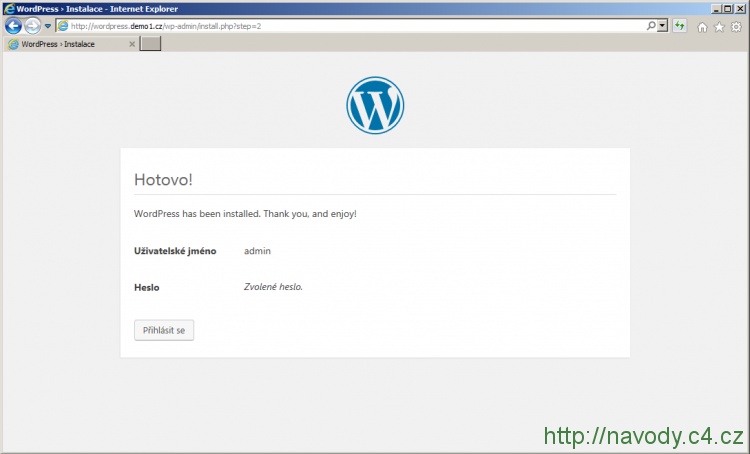 Instalace WordPressu byla dokončena